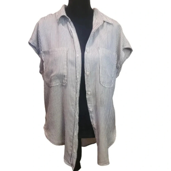 A.N.A. SEFF Blue/white Striped button blouse - Picture 1 of 6